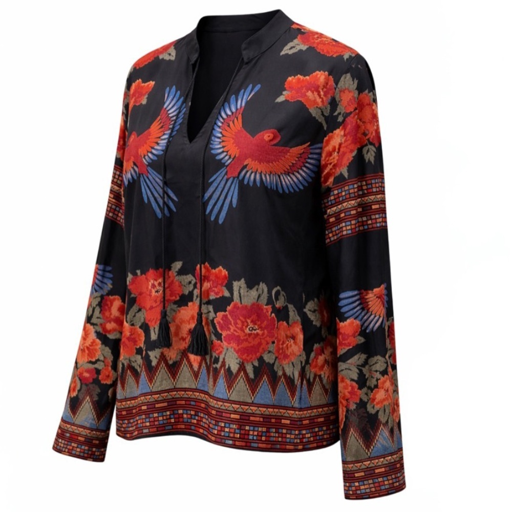Rachel Zoe Floral Bird Print Blouse NWT Women's Small Boho Tassel Art Top